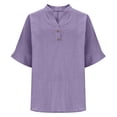 thumbnail image 4 of BRGZLK Women's Linen Shirts Fashion Button Down V Neck Solid Color Loose Fit 3/4 Sleeve Trendy Comfy Blouse Casual Vacation Outfits Purple XL, 4 of 6