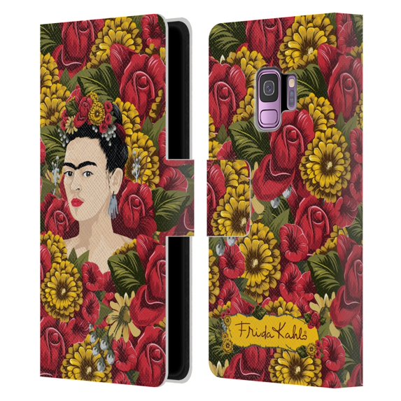 Head Case Designs Officially Licensed Frida Kahlo Red Florals Portrait Pattern Leather Book Wallet Case Cover Compatible with Samsung Galaxy S9