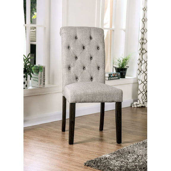 2pcs Dining Chairs Light Grey Linen Like Fabric Antique Black Solid wood Scroll Back Tufted Cushion Side Chairs Dining Room