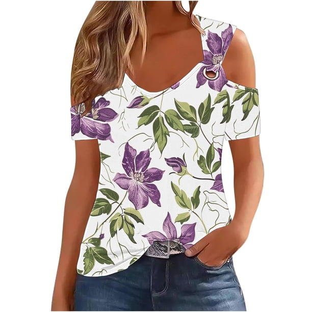 Blusas de Manga Corta para las Mujeres Sexy Frío Hombro Suéter Cuello en V Top Sólido, Blusas para las Mujeres Casual