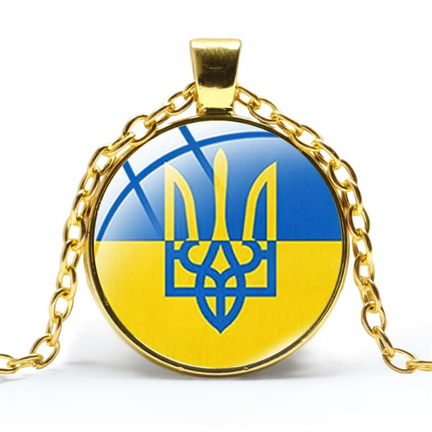 Ukraine Flag Necklace, The Tryzub Ukrainian Symbol with Glass Top Gold