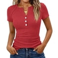 thumbnail image 2 of Qwertyu Women's 2026 Fall Summer Short Sleeve Tops Ribbed Henley Button Slim Fit Basic Casual T Shirts Blouse Clothing Vermilion S, 2 of 7