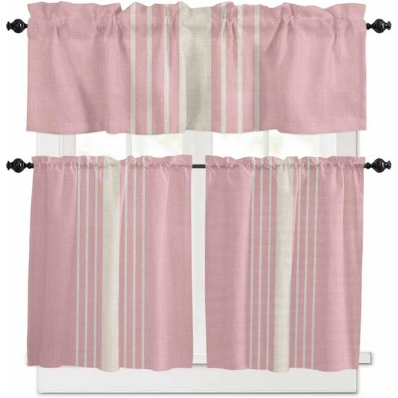Pink Beige Striped Kitchen Curtains, Modern Farmhouse Retro Lines 3-Piece Kitchen Curtain Valance and Tiers Set 36 Inch Length, Rod Pocket Half Window Curtains for Cafe Living Room Bathroom