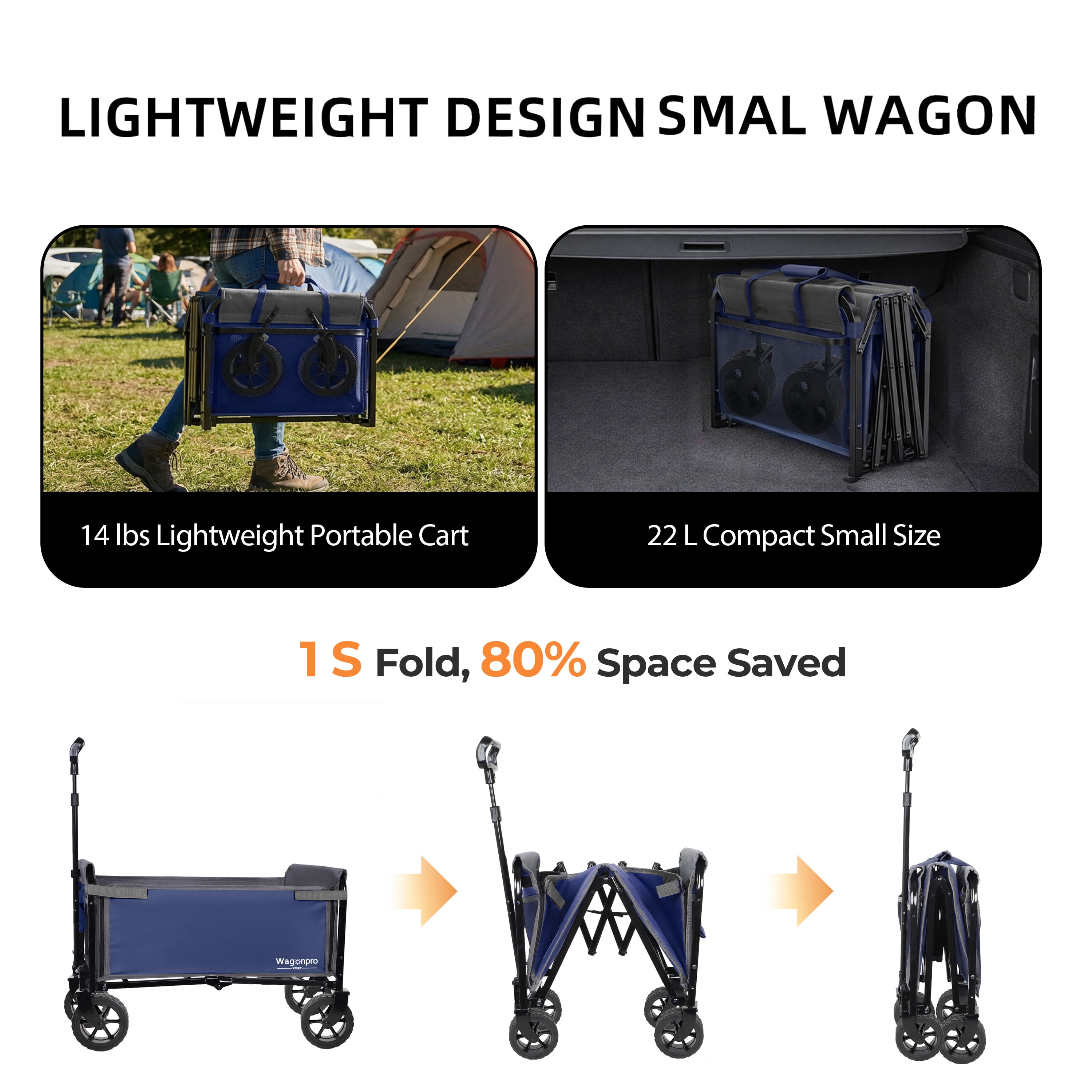 Upgraded 5×2" Wide Wheels Folding Wagon, Dark Blue Convertible Trolley with Dog Leash and Full-Side Opening, 220LBS Steel Frame Collapsible Cart for Camping, Beach, Shopping