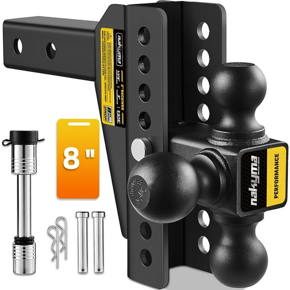 RONGTUO Adjustable Drop Hitch, 8" Drop, Tri-Ball 1-7/8", 2", 2-5/16", Fits 2-Inch Receiver, 16,500 lbs GTW, with Double Anti-Theft Pin Locks