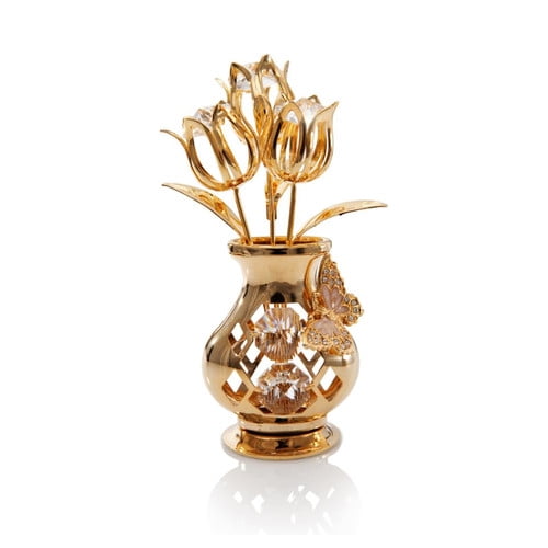 New 24k Gold Plated Tulip Flower Gift for Mother's Day w/ Blue Matashi Crystals 