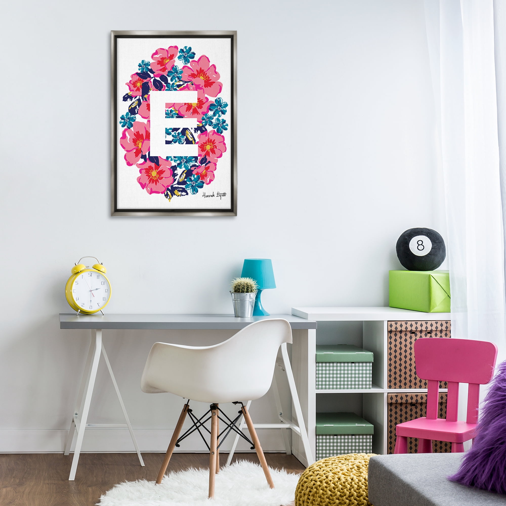 Stupell Industries Floral Bloom Letter E Botanical & Floral Painting Gray Floater Framed Art Print Wall Art, 21 x 31