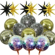 18PCS 70s 80s 90s Disco Party Decorations, 4D Disco Ball Balloons Metallic Mirror Balloon, Explosion Star Foil Balloons Gold Black Starburst Cone Mylar Balloons for Xmas Halloween Hippie Party Decor
