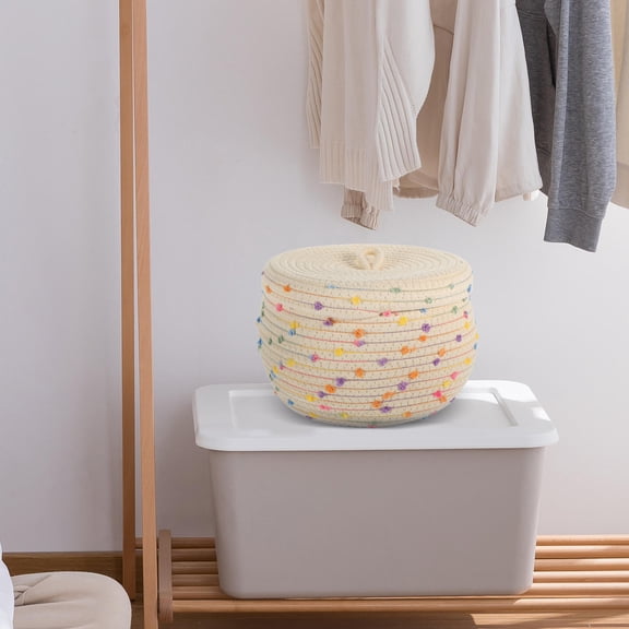 NICEXMAS Beige Cotton Rope Woven Storage Basket with Lid for Desktop, Home Organization and Decorative Use