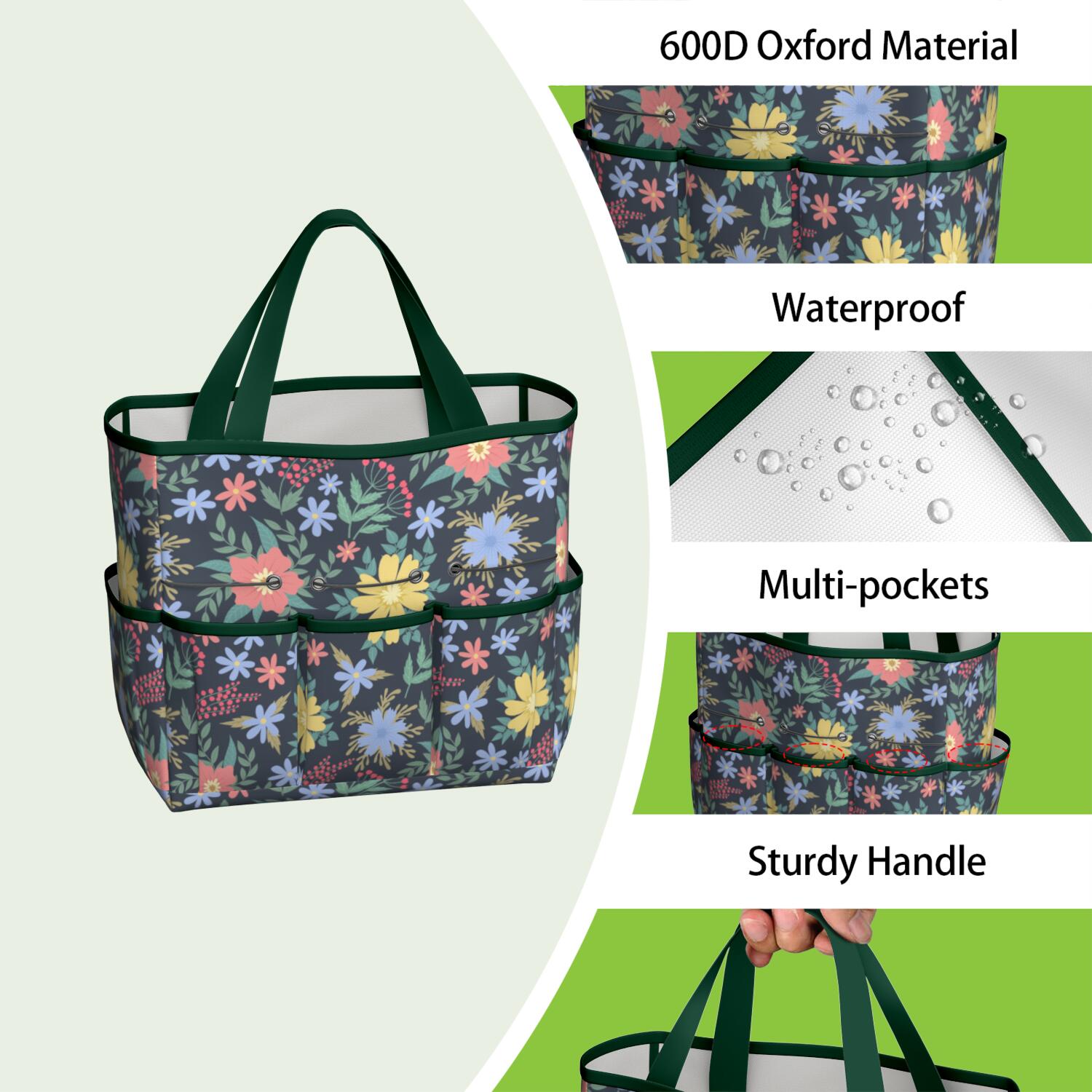 Bright Flowers Garden Tools Bag, Water-proof Oxford Garden Tote Home Organizer Gardening Tool Bag Kit Holder with 8 Pockets for Indoor and Outdoor Gardening(Tools Not Included)