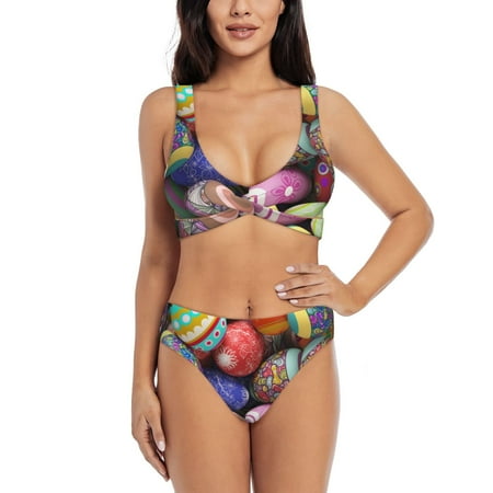 Zeuib Easter Eggs1 High Waisted Tummy Control Bikini Set - Knot Front Push Up Top & Cheeky Thong Bottom  Two-Piece Swimsuit for Women-X-Large