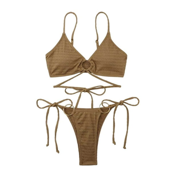 Soidarity Conjunto de bikinis sexy Traje de baño de piezas con correa enlazada linda Traje de baño amigable con la piel Ropa de playa liviana Traje de baño Color café METRO Soidarity OD031957-02