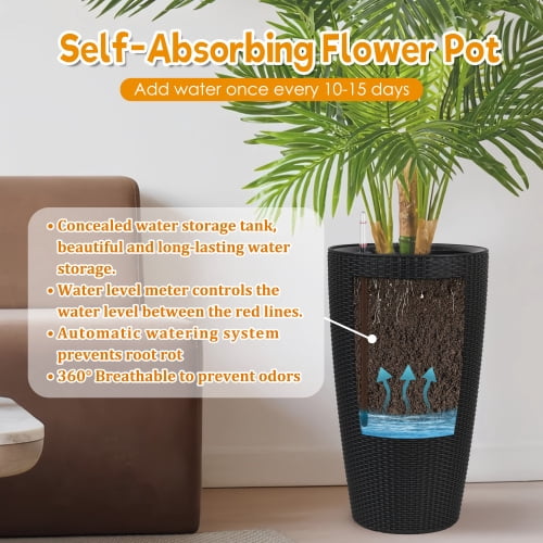 Chak’s Choice 22.7" Tall Planter Set of 2, Large Self Watering Pots for Indoor/Outdoor Plants with Drain Holes, Water Level Monitor, Inner Bucket for Front Porch Patio, Black