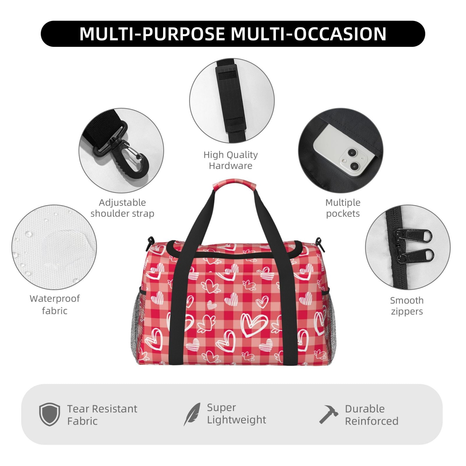 Ratiio valentine day with heart Pattern Hand Travel Bag, Weekender Carry On for Women Men, Sports Gym Bag, Workout Duffel Bag, Overnight Shoulder Bag fit 15.6 Inch Laptop