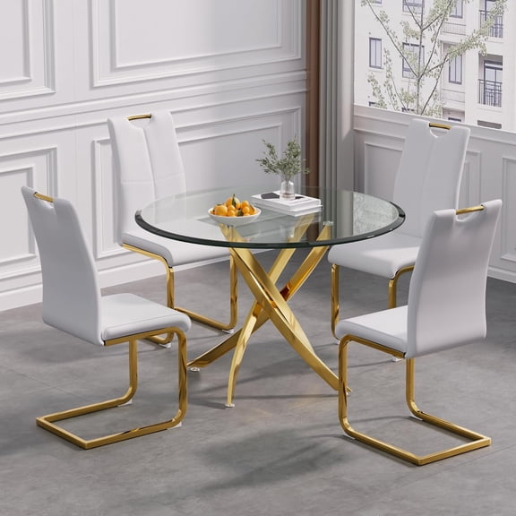 Pvillez 39“ Round Dining Table for 4, Contemporary Tempered Glass Dining Table, Small Dining Table with Stainless Steel Base, Round Clear Kitchen Table Writing Table Desk for Dining Kitchen