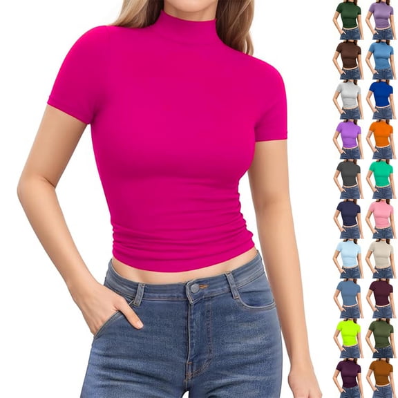 Breezora Womens Mock Turtle Neck Short Sleeve Slim Fit Ribbed Knit Tops Casual Summer Lightweight Breathable for Daily