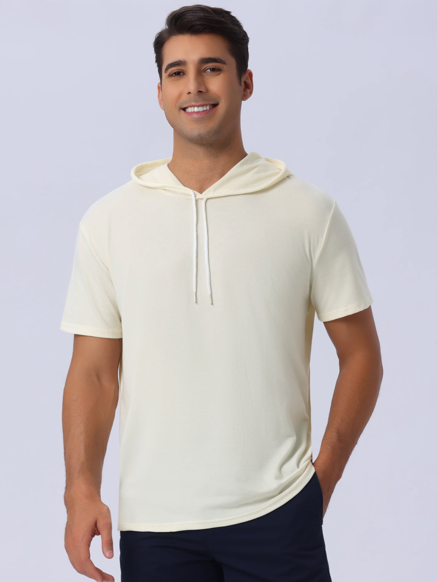 DARING DIVA Men's Casual Short Sleeve Pullover Drawstring Hooded T-Shirt M Beige