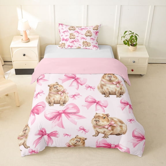 Erosebridal Cartoon Capybara Twin Bedding For Kids,Pink Ribbon Bow Tie Duvet Cover Set For Children Boys Girls,2pcs,No Comforter,Pink Reversible
