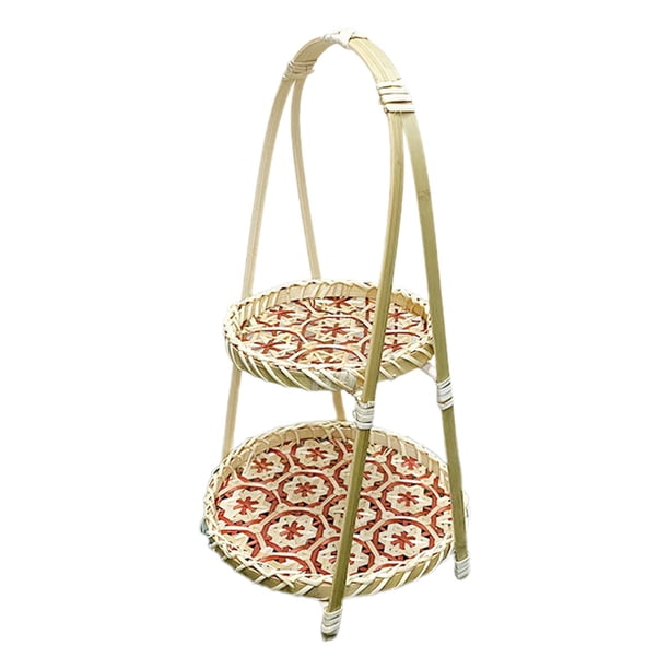 Cesta de frutas tejida a mano de bambú para aperitivos, cesta multiusos para comida de mesa. 2 capas rojo