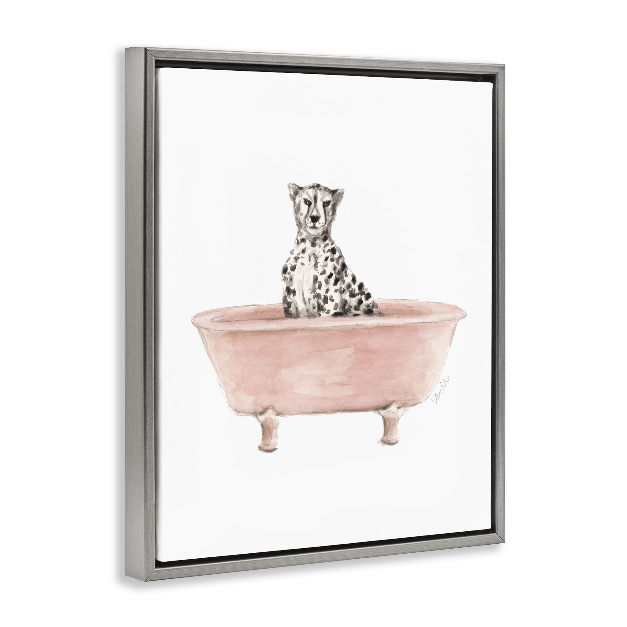 Stupell Industries Cheetah in Pink Tub Gray Framed Floater Canvas Wall Art, design by Lanie Loreth