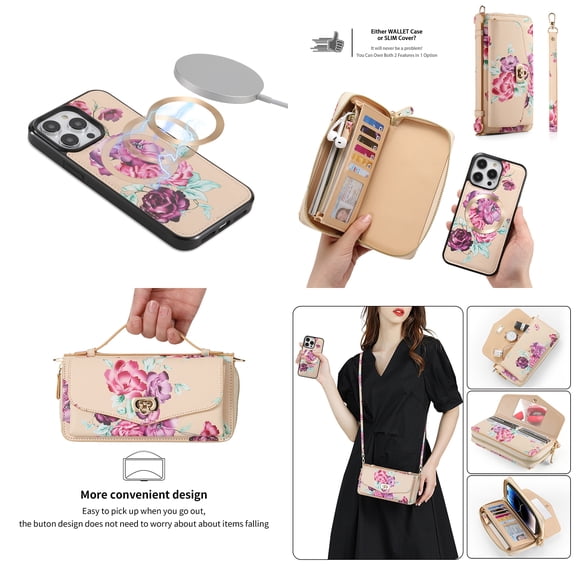 Feishell for iPhone Air Crossbody Wallet Detachable Case,Support Magsafe Charging,Flower Pattern PU Leather RFID Blocking Multi Card Slots Zipper Phone Case with Shoulder & Hand Strap,Yellow