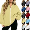 thumbnail image 2 of Full Zip Up Sweatshirt Women No Hood Oversized Loose Casual Long Sleeve V Neck Jacket Fall Winter Sweatshirt Khaki S, 2 of 8