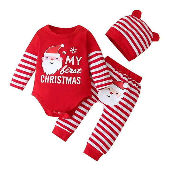 Xudanell Cute Outfits Children Christmas Long Sleeve Striped Pants Disassembled Hat Baby Boy Clothes Red 3-6 Months