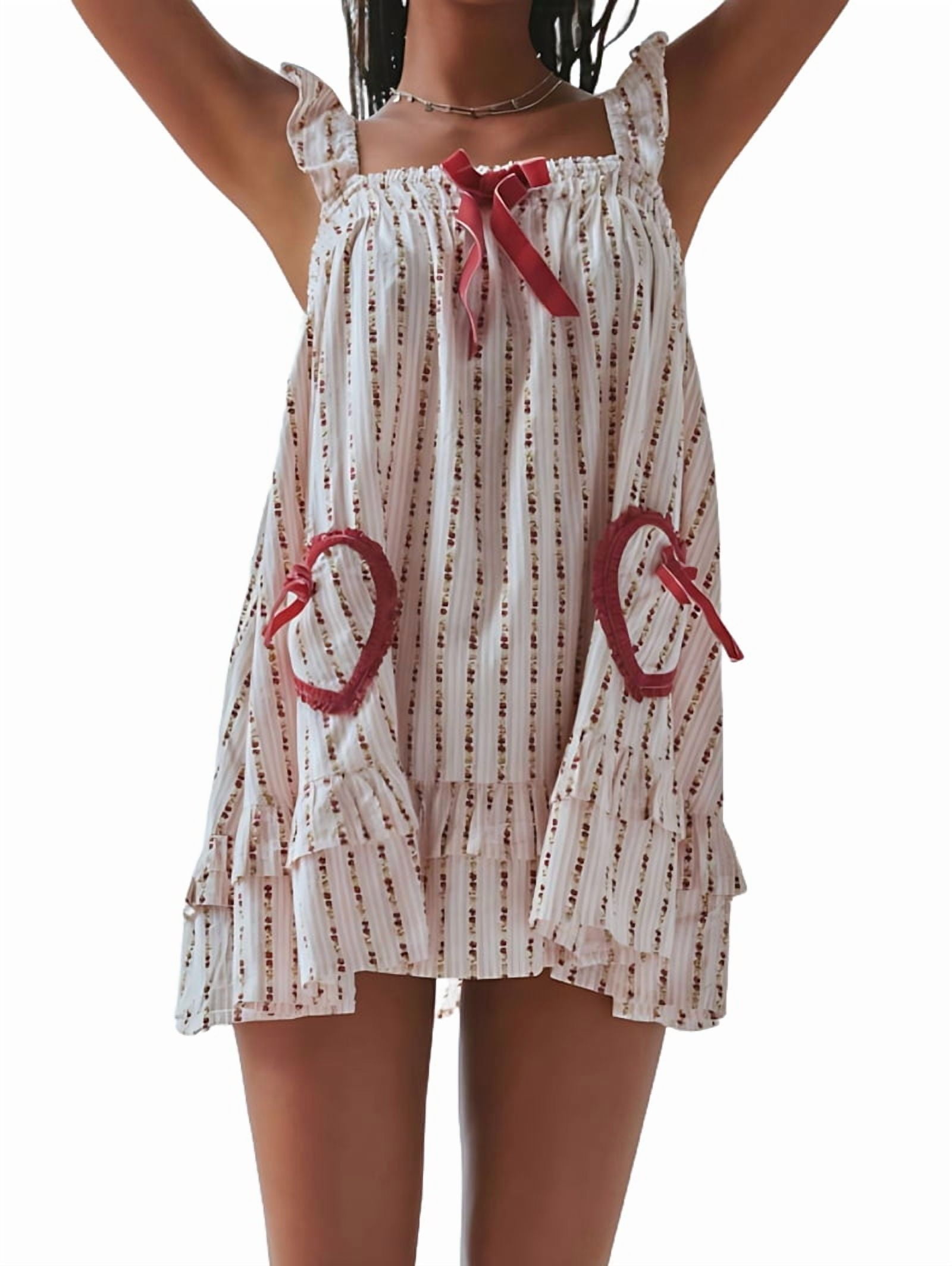 Women Cute Floral Printed Mini Dress Sleeveless Front Loose Ruffled Short Dress Summer Gingham Babydoll Red L