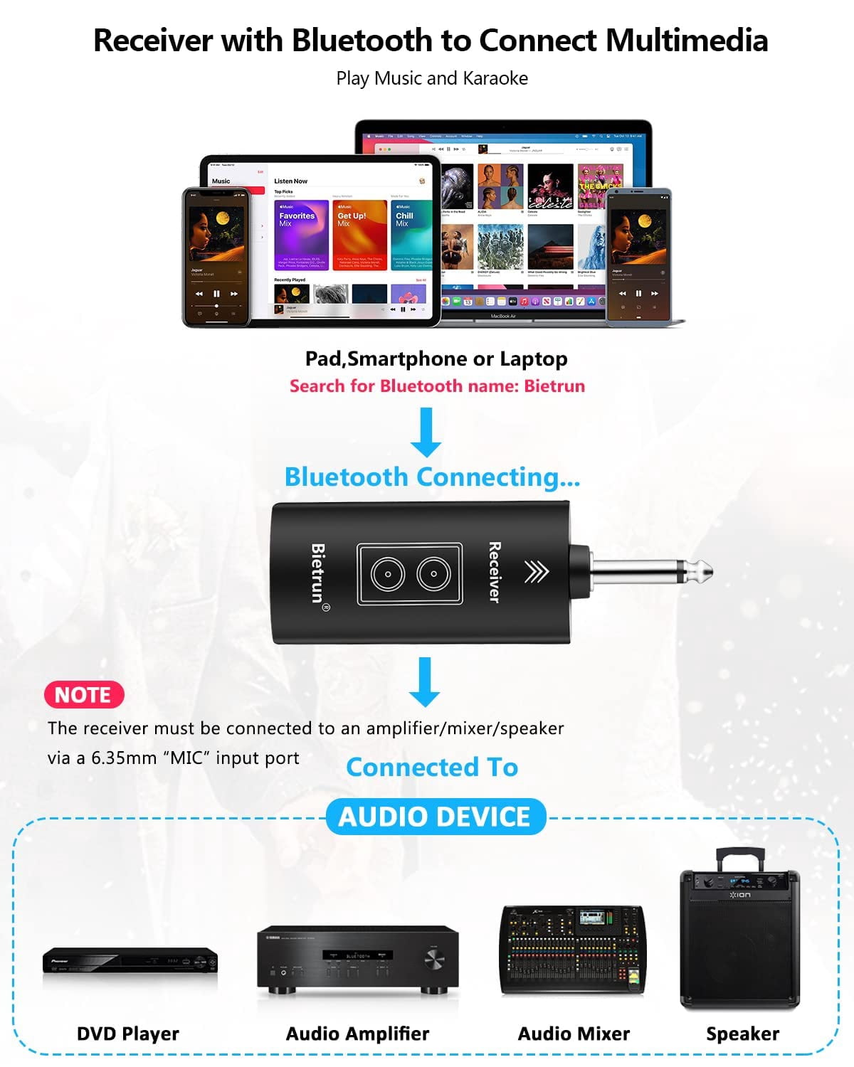Bietrun Wireless Microphone Rechargeable, 168FT Range Bluetooth Microphone Wireless (Work 7 hrs) with 1/4'' Output, UHF Metal Handheld Dynamic Mic for Karaoke Machine/PA System/Speaker/Church/Wedding