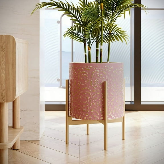 Floral Metal Planter Pot With 4-Leg Gold Metal Base - Pink & Gold - 18"H x 13.75"W