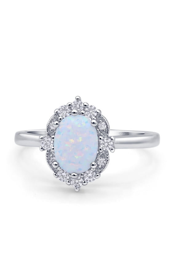 Co. Halo Ballerina Style Oval Women Engagement Ring White Opal 925 Sterling Silver