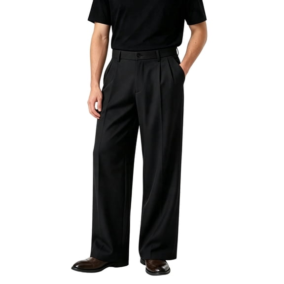 Havenx Men's Baggy Dress Pants Pleated Wide Leg Elastic Waist Dress Pants with Pockets Button Pant Business Office Work Vintage Relaxed Fit Wear,Black L