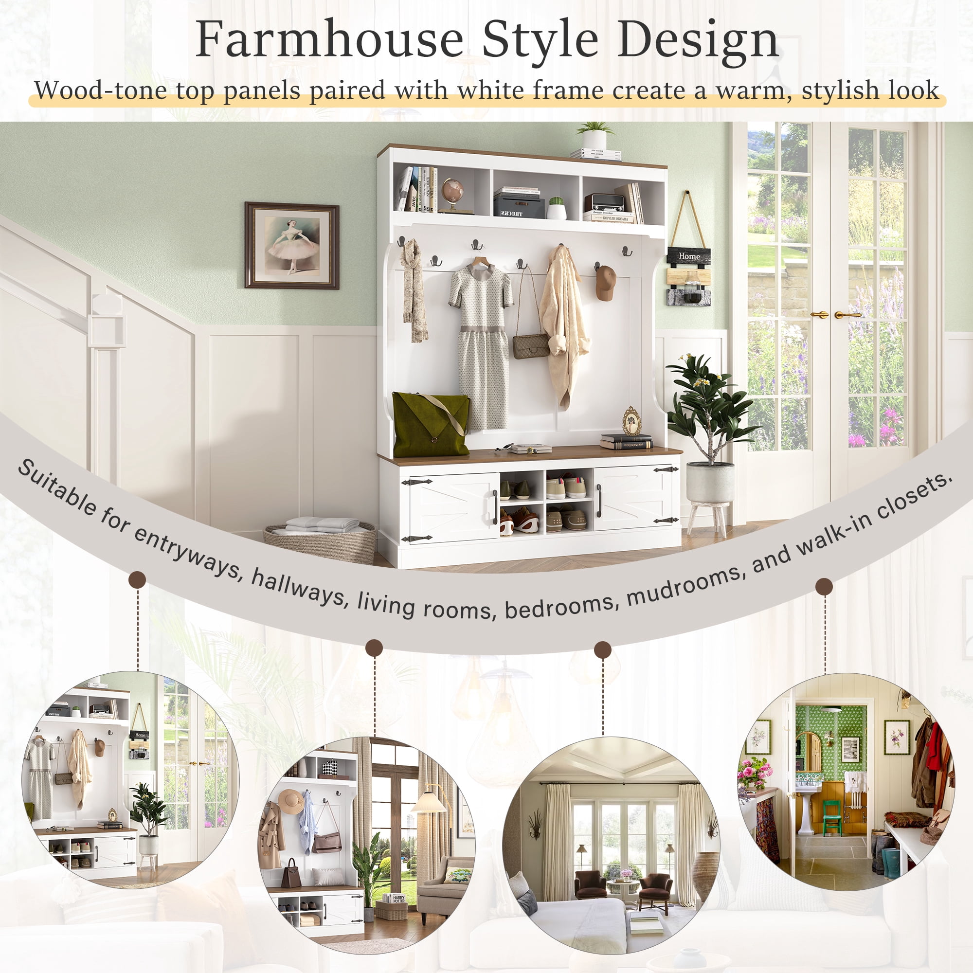 HOQBN 71"H Farmhouse Hall Tree with Bench & Shoe Storage, 5-in-1 Modern Entryway Storage Organizer Cabinet with Coat Rack, 4 Shoe Cubbies & 7 Hooks, White