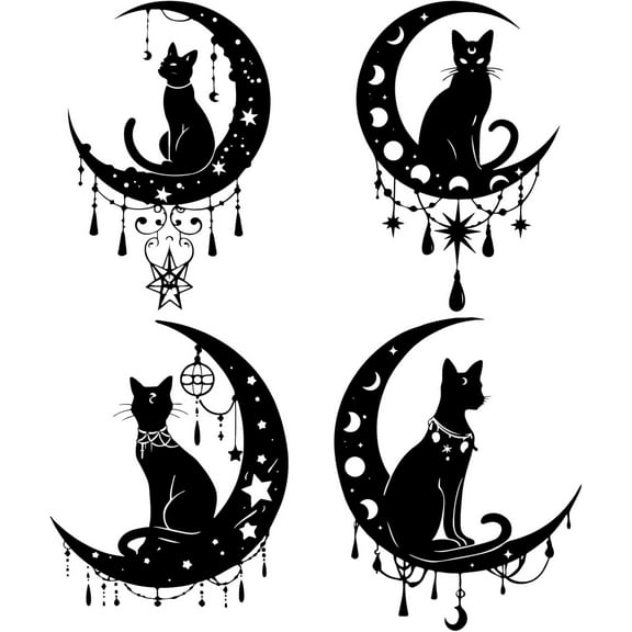 4Pcs 6.3" Black Cat Window Sticker Crescent Moon Phase Star Dangle Charms Round Anti-Collision Removable Glass Window Doors Static Cling Decals for Home School Office Shop Decoration Colorful