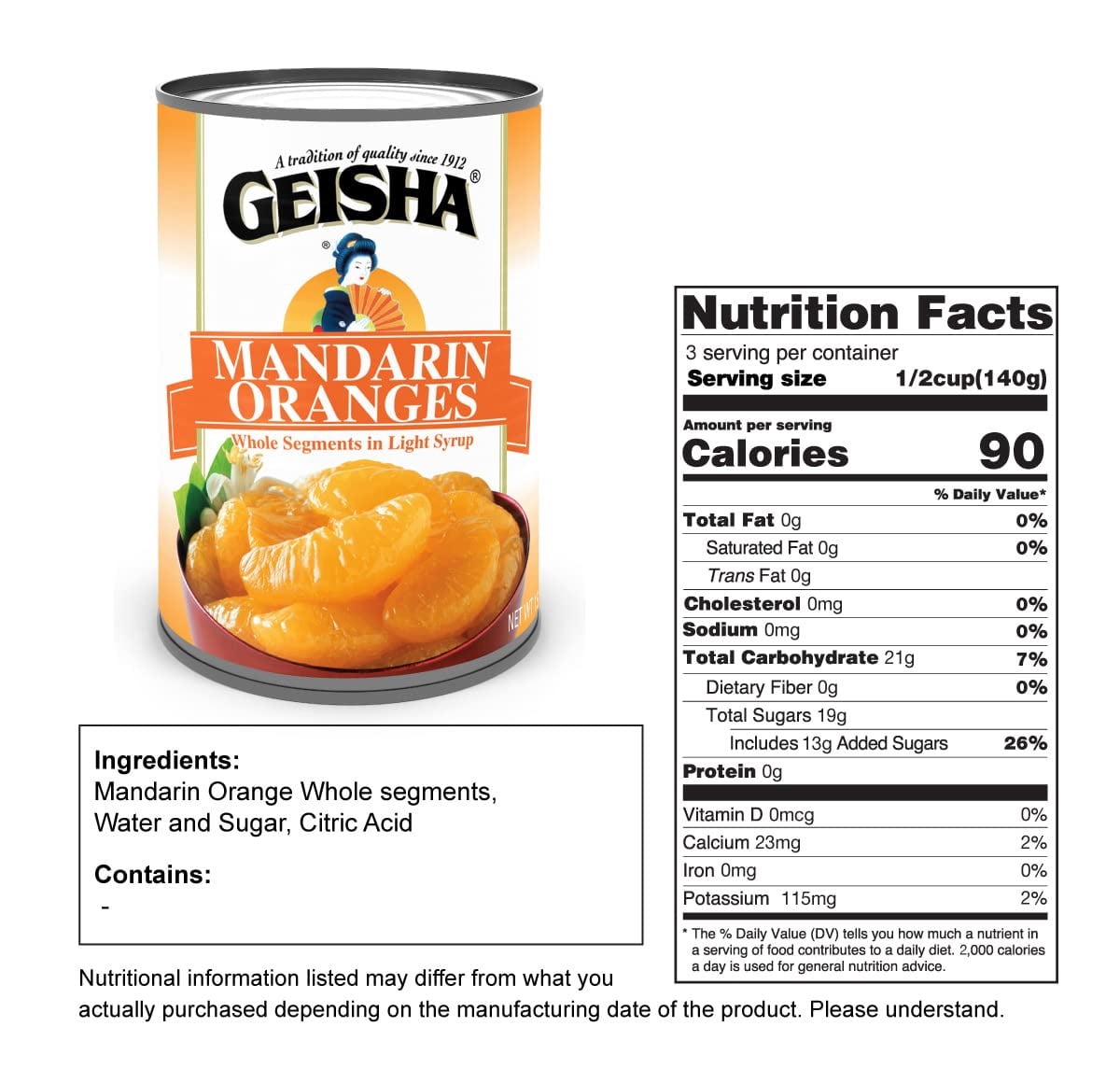 GEISHA Mandarin Oranges in Lite Syrup 15 OZ. (Pack of 24), Mandarin Orange | Kosher Certified － No Saturate & Trans Fat － Gluten Free