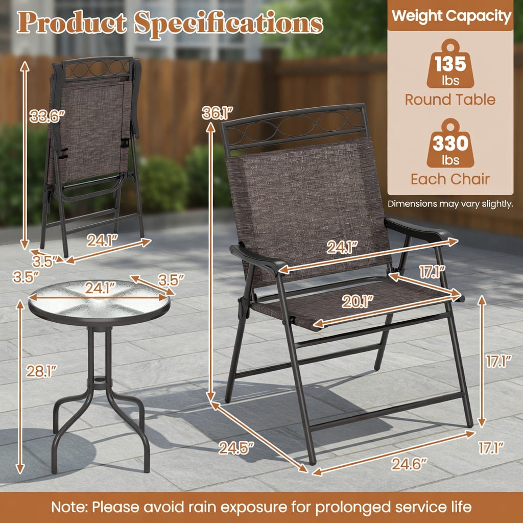 Hommoo 3-Piece Outdoor Bistro Set, Foldable Metal Patio Chairs + Round Tempered Glass Table with 1.57" Umbrella Hole, Compact for Balcony, Porch & Small Spaces, Brown & Black