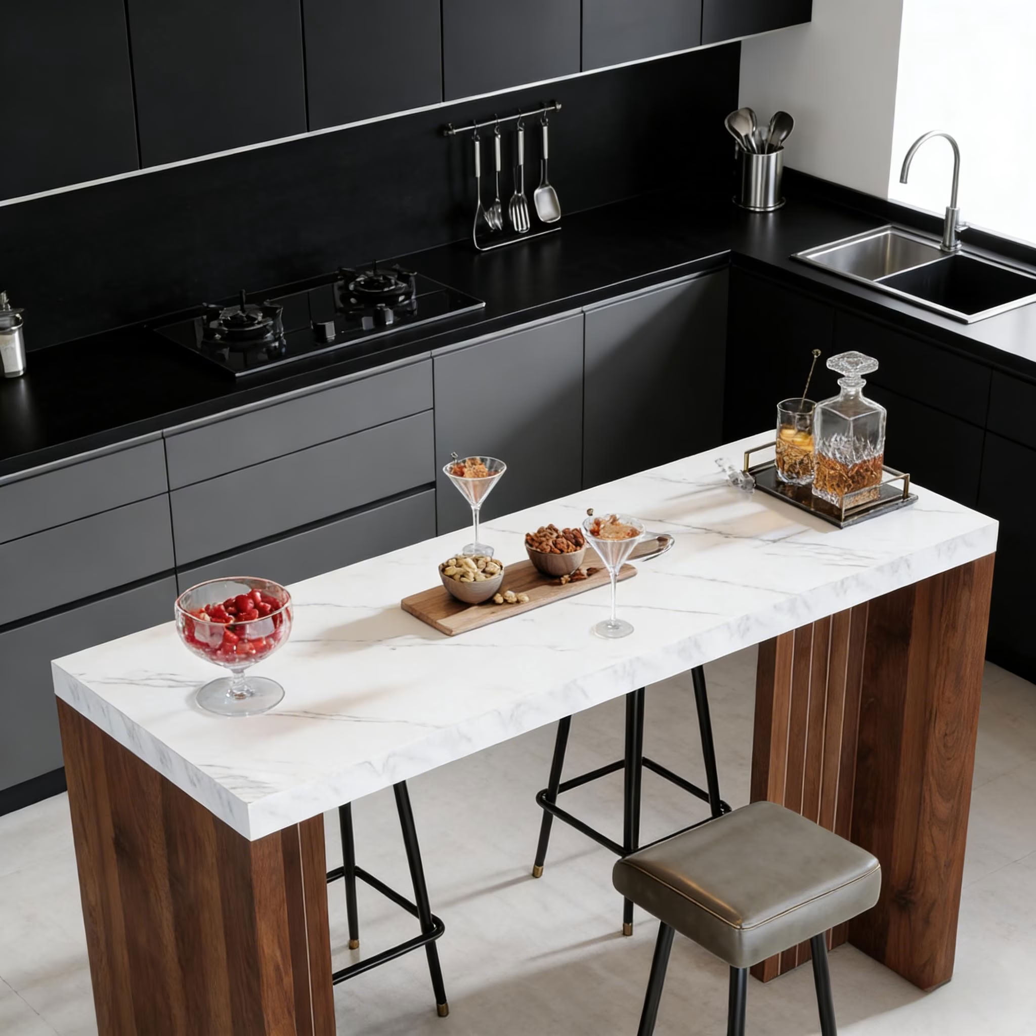 MAYEERTY Modern 55" Bar Table, Pub Tables with Faux Marble Top and Wood Legs, Home Bar Dining Table for Living Room, Kitchen, Dining Room