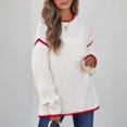 thumbnail image 4 of Women's Fashion Color Blocked Round Neck Long Sleeved Knitted Sweater Pullover Sweater Top for Fall Winter Stylish Casual Outfits,White,M, 4 of 7