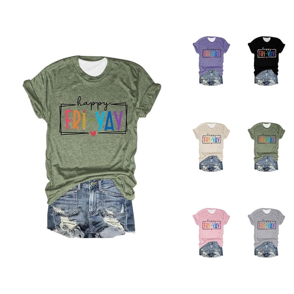 Happy Friday Teacher T Shirts for Women 2026 Summer Casual Short Sleeve Crewneck Funny Friday Weekend Graphic Tees