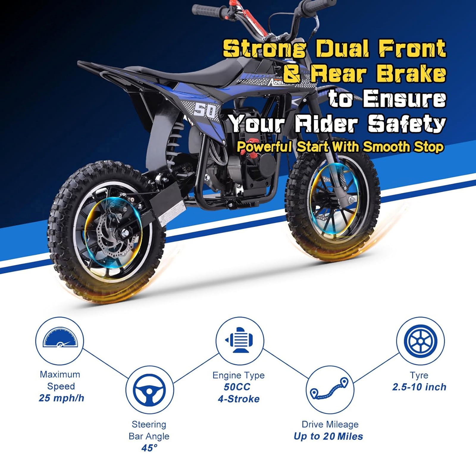 Aoemoe 39cc 4-Stroke Kids Mini Dirt Bike, Gas Powered, Rear Suspension & Disc Brakes, 20Mph/165Lbs,Blue