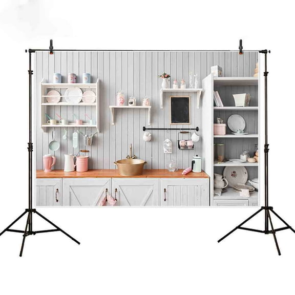 MEHOFOTO Kitchen Photography Background White Stripes Kitchenware Cupboard Portrait Backdrop Photocall Photobooth Banner Fabric