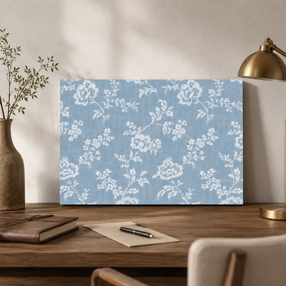 Rose Leaves Canvas Wall Art, Rustic Vintage Floral Flower Sky Blue Linen Texture Wall Art Prints Artwork Framed Canvas Ready to Hang Art Pictures for Bathroom Nightstand, Narrow Hallway 14" x 11"