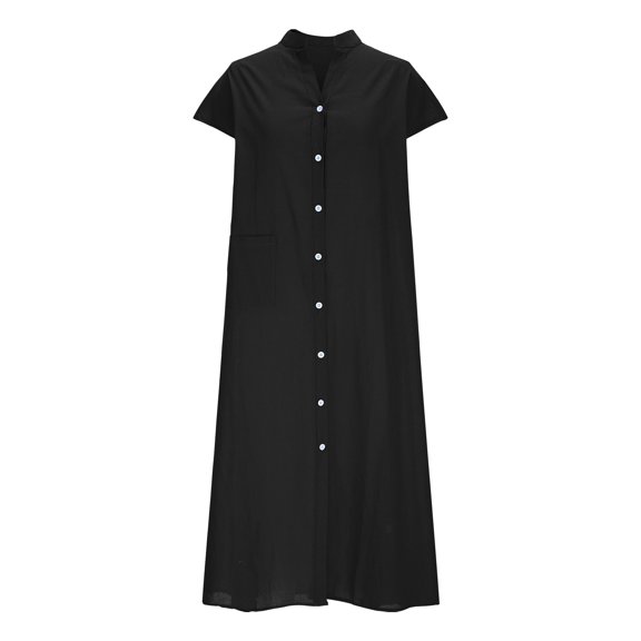 Aimik Fashion Women Summer Cotton-Linen Stand-Collar Solid Color V-Neck Short Sleeve Casual Long Dress with Single-Breasted