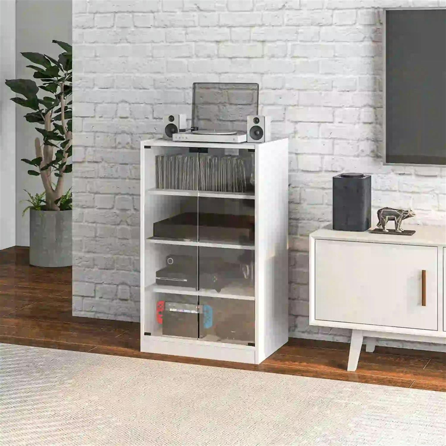 Demi Bonn 5-Tier Media Stand, DVD Storage Cabinet with Adjustable Shelves, Tempered Glass Doors, and Cable Management, White
