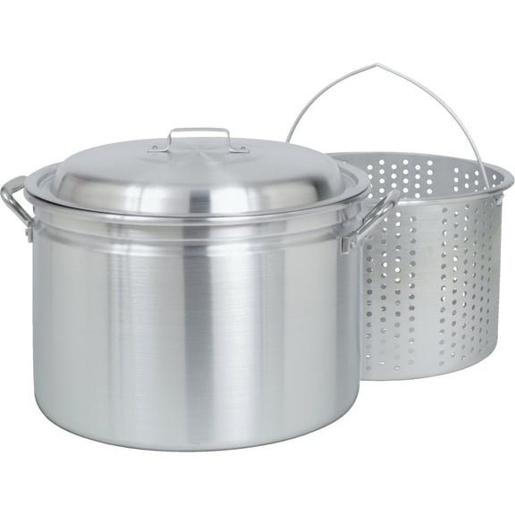 Bayou Classic Stockpot 4034 - Aluminum with Steam/Boil Basket, Vented Lid - 34 Qt, Silver