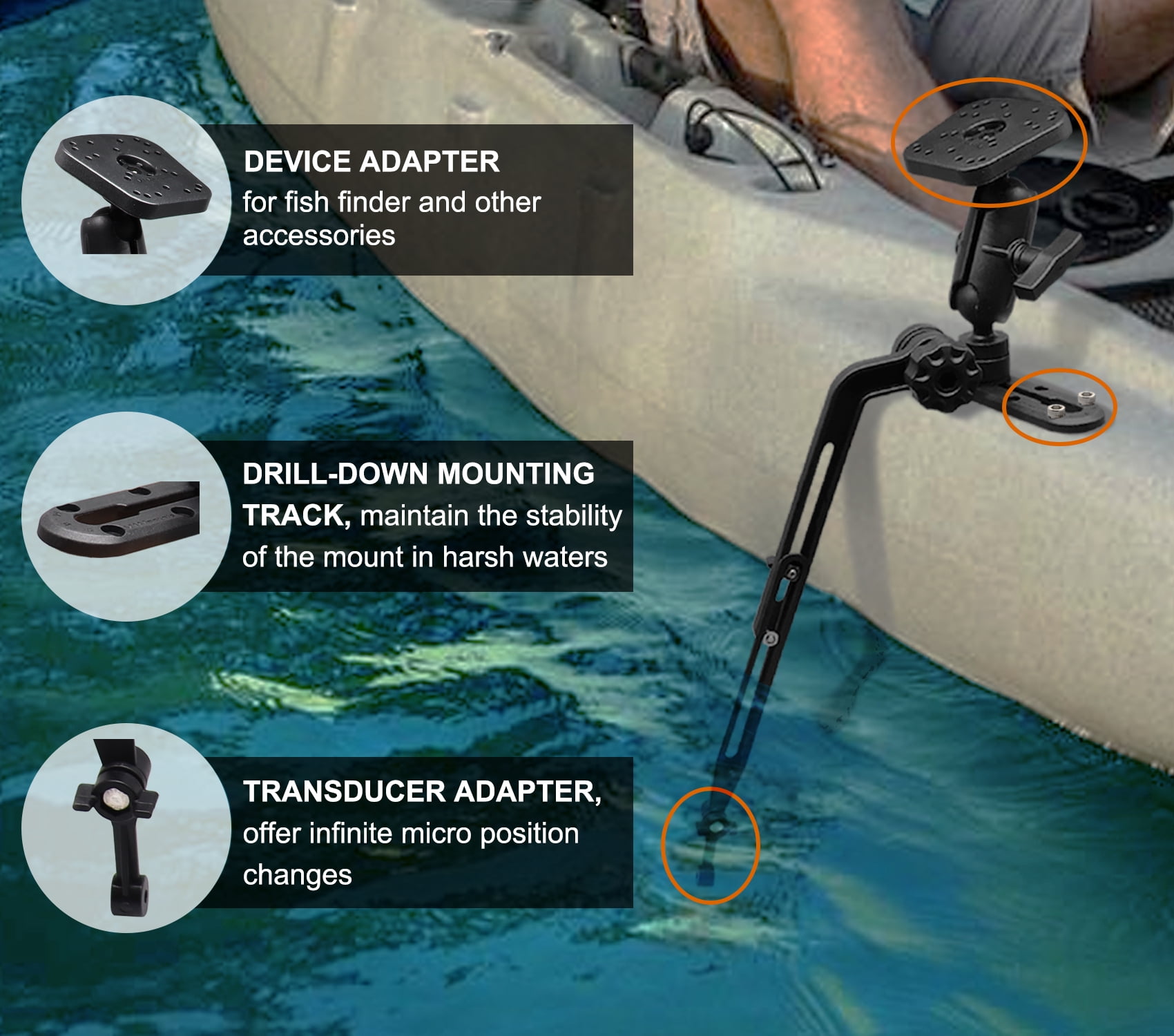 WINDFRD Fish Finder Mount 1.5" Ball Base for Kayak, Marine Transducer Mount for Boat, Universal Mounting Plate, Electronic Mounting Arm, Compatible with Scotty, Lowrance, Garmin Fish Finder