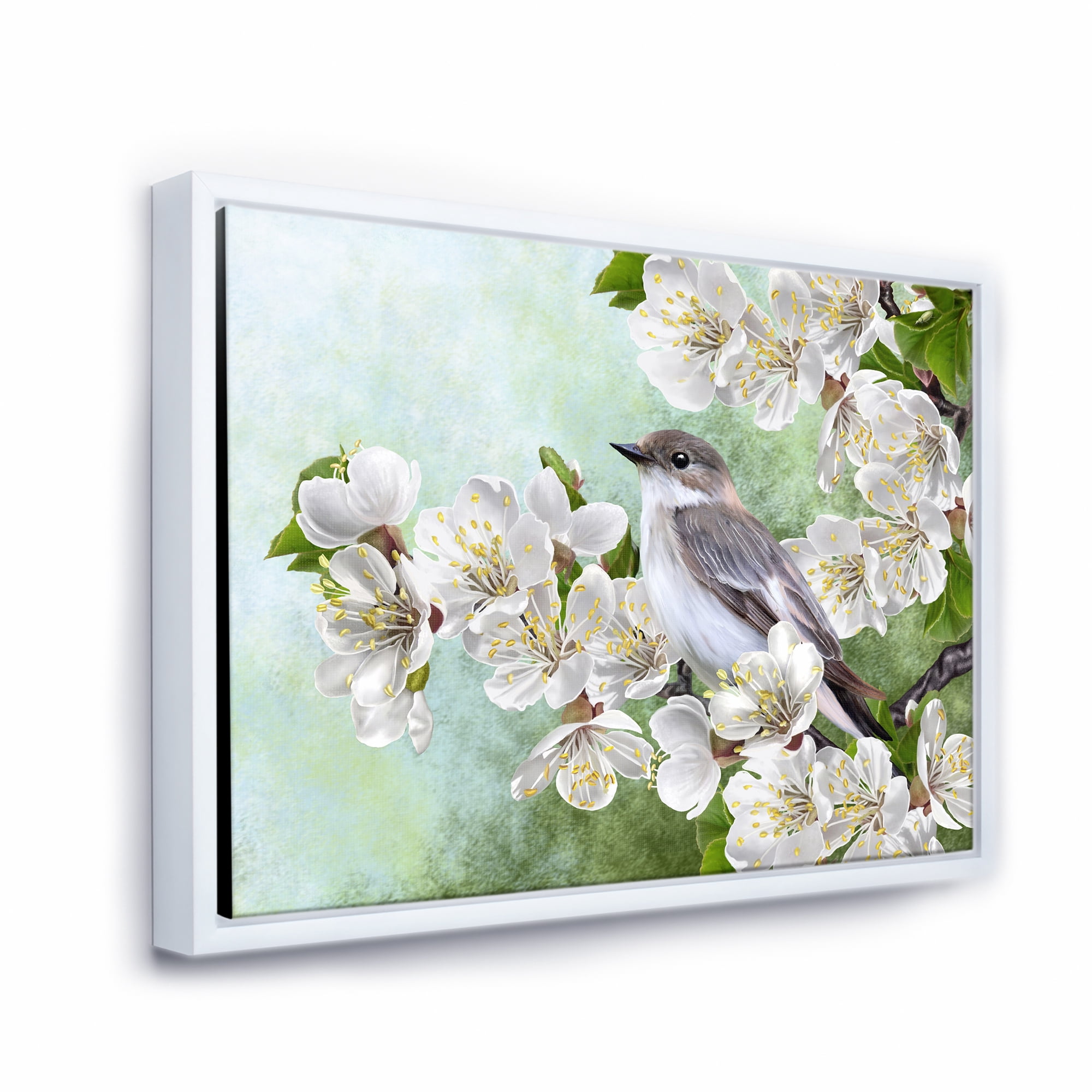 Designart 'Gray Bird Sitting On A Branch of A Blossoming Tree' Traditional Framed Canvas Wall Art Print