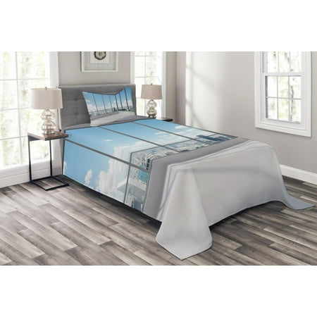 Photo Print Bedding Modern Bedspread Set, Cityscape Office with Big Windows Clear Sunny Sky View Photograph Print, Decorative Quilted Coverlet Set with Pillow Shams Included, Sky Blue Grey and White, by Ambesonne ()