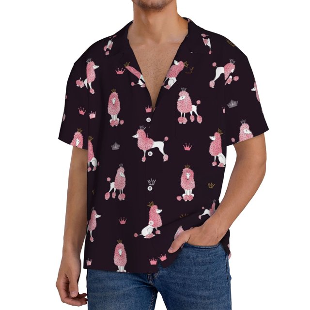 Balery Poodle Dog Camisa Casual de Manga Corta con Botones para Hombre, Texturizada, Estilo Cubano, para Playa, Verano-4X-Large