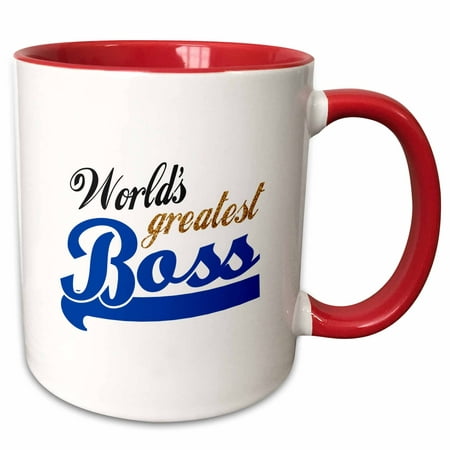 3dRose Worlds Greatest Boss - Best work boss ever - blue and gold text on white - fun office gifts - Two Tone Red Mug,